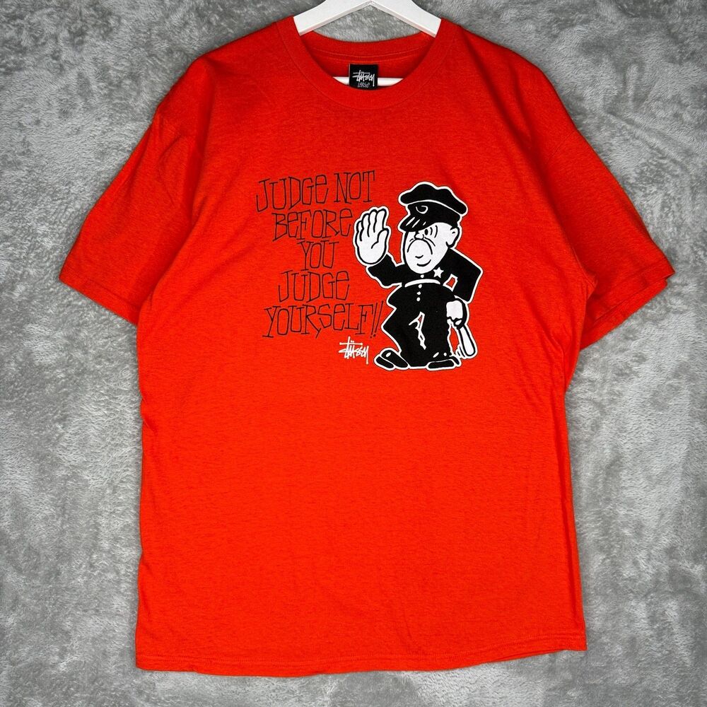 Stussy T-Shirt Mens Large Judge Not Before You Judge Yourself Police Skate Tee